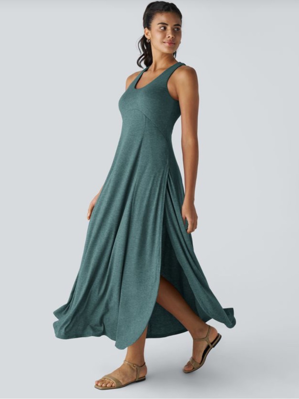 HALARA U Neck Flowy Maxi Tank Dress High Side Slits Jade Green Size Small
